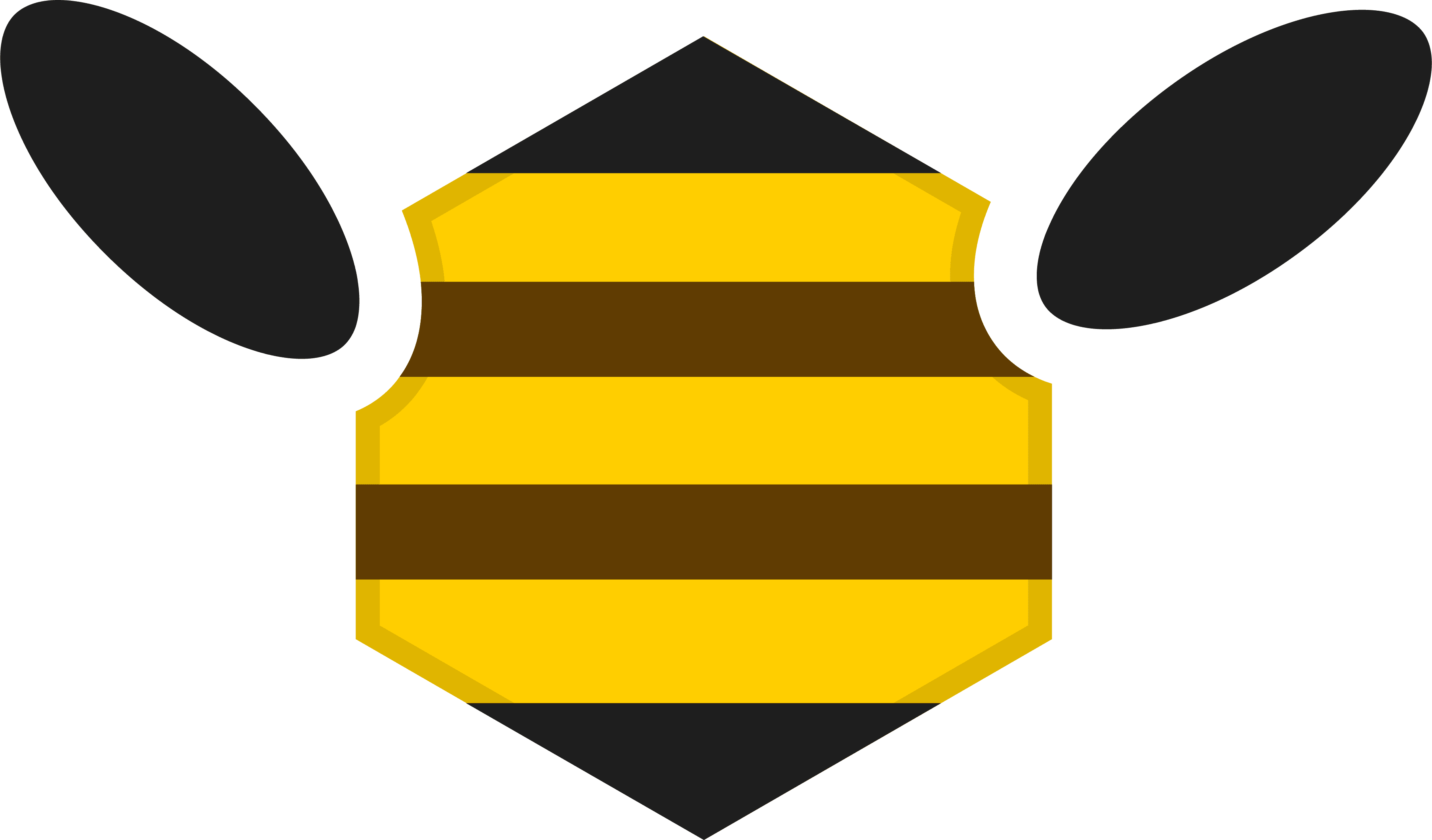 Eine stilisierte Biene mit gelb-schwarzen Streifen und zwei schwarzen Flügeln.