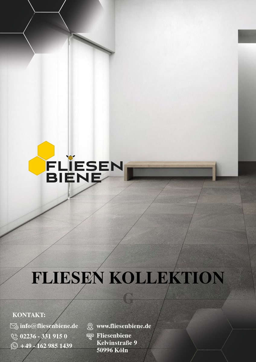 Fliesen-Ausstellungshalle mit grauen Bodenfliesen, Bank, Wabenlogo und Kontaktdaten von Fliesenbiene.