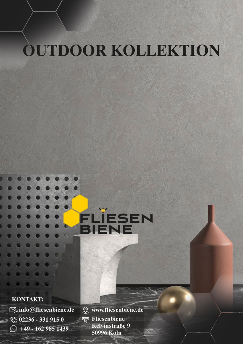 Dekorative Wandfliesen mit Skulpturen; graue Töne, geometrisches Design. Text: "Outdoor Kollektion".