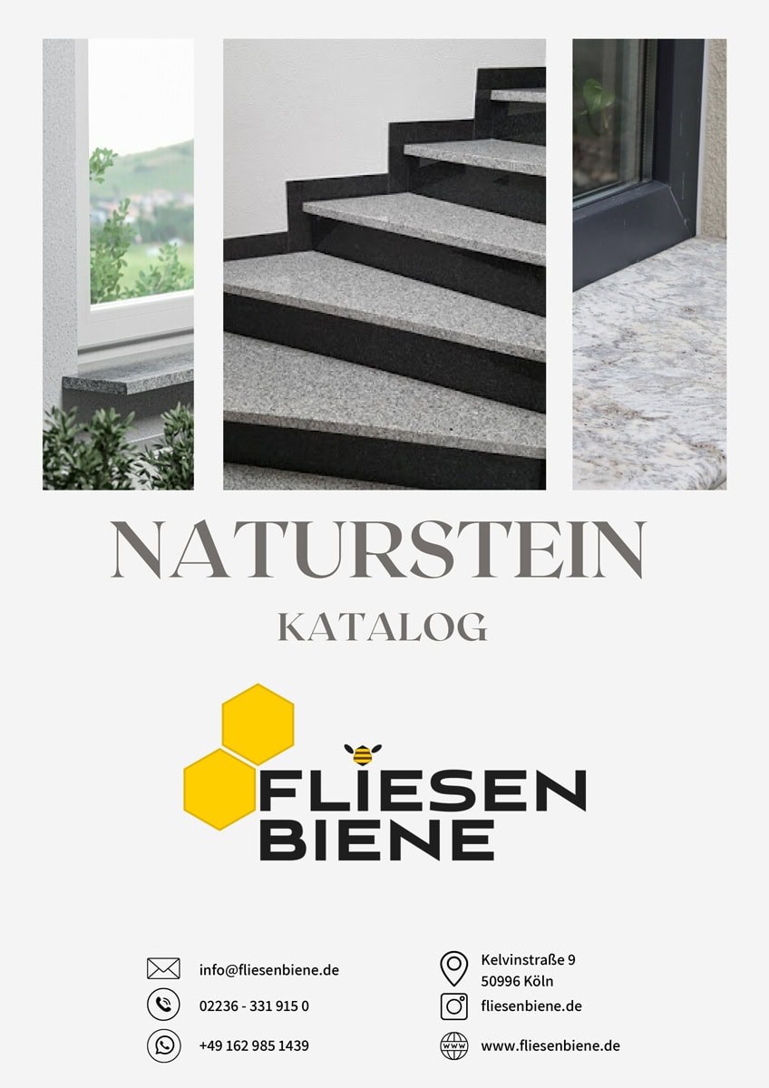 Natursteinkatalog-Cover mit Treppe, Fenster und Tisch; Logo: Fliesenbiene; Kontaktinfos unten.