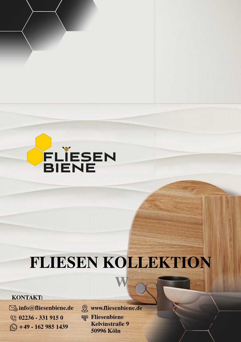 Eine moderne Badezimmer-Anzeige mit Holz-Akzenten und Kontaktinformationen von Fliesenbiene.
