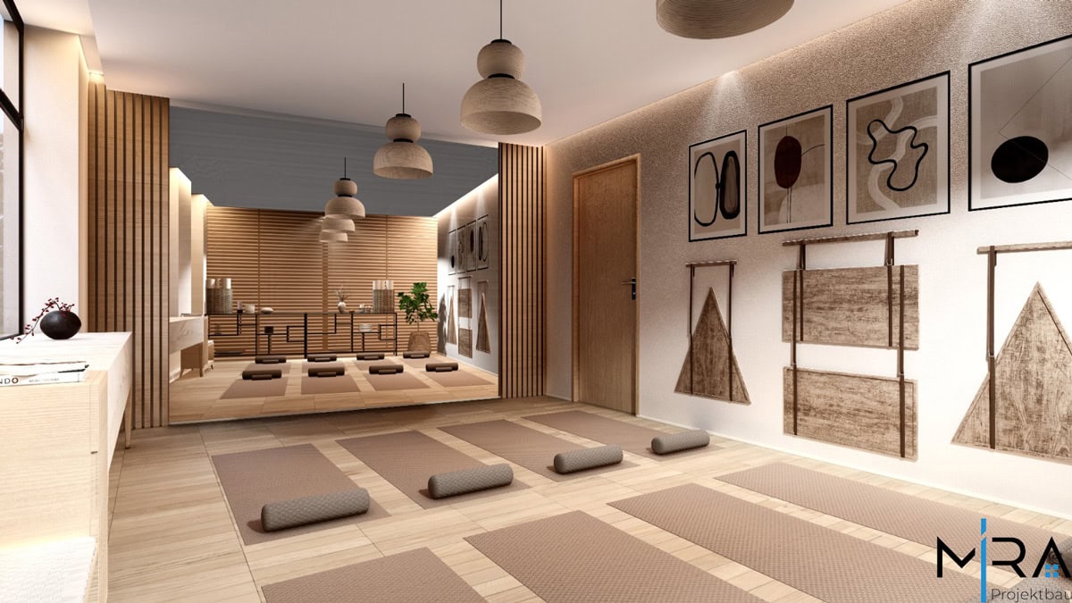 Ein moderner Yoga-Raum mit Holzverkleidung, Matten, Kissen, Spiegelwand und abstrakter Kunst.