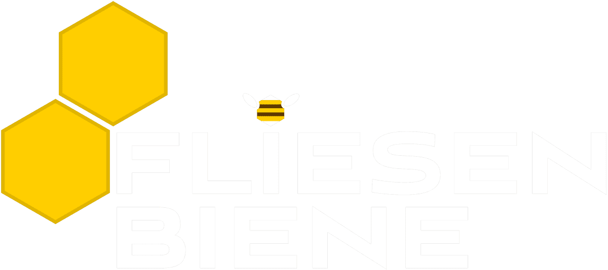 Große gelbe Waben und Biene oben, weiße Schrift "Fliesenbiene" unten, minimalistisches Design.