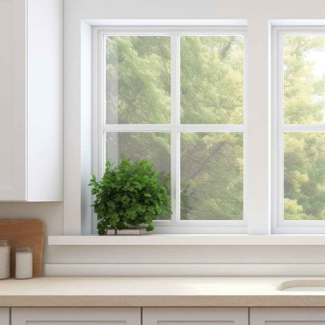 Helle Küche mit weißen Arbeitsflächen am Fenster