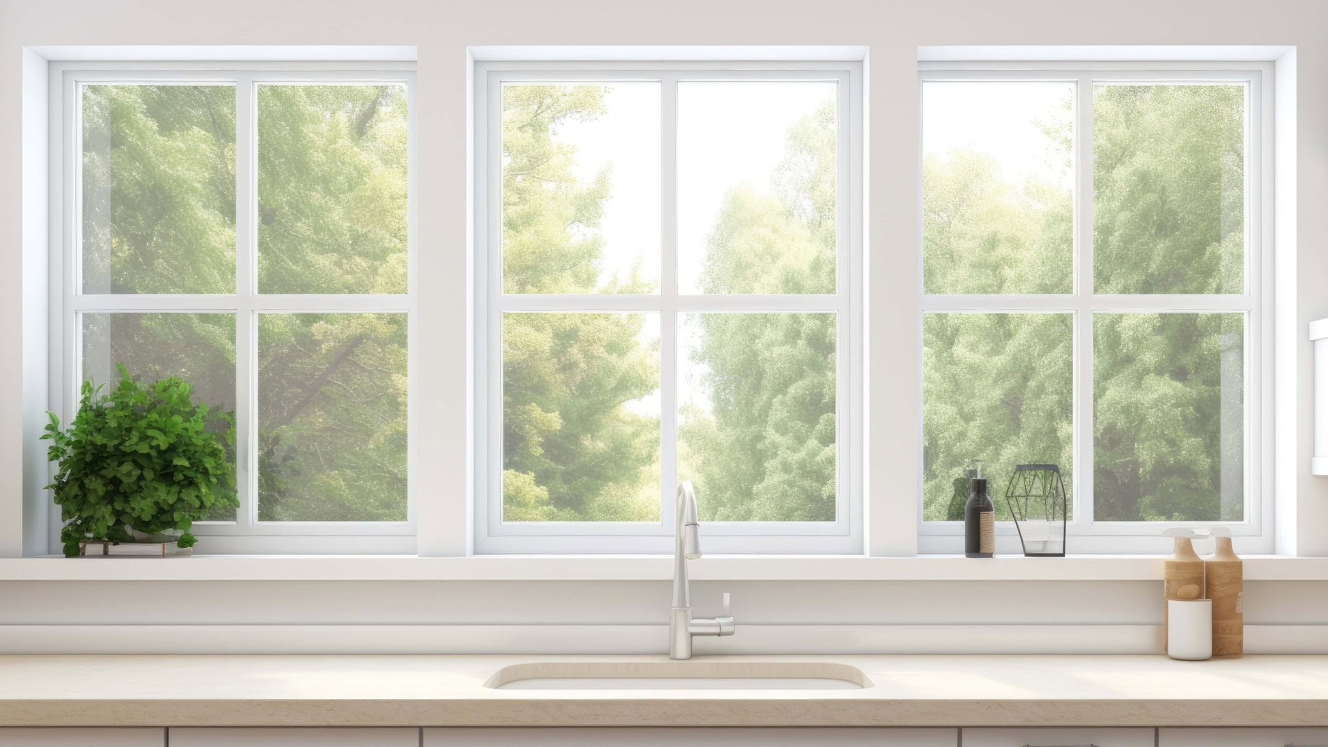 Helle Küche mit weißen Theken am Fenster