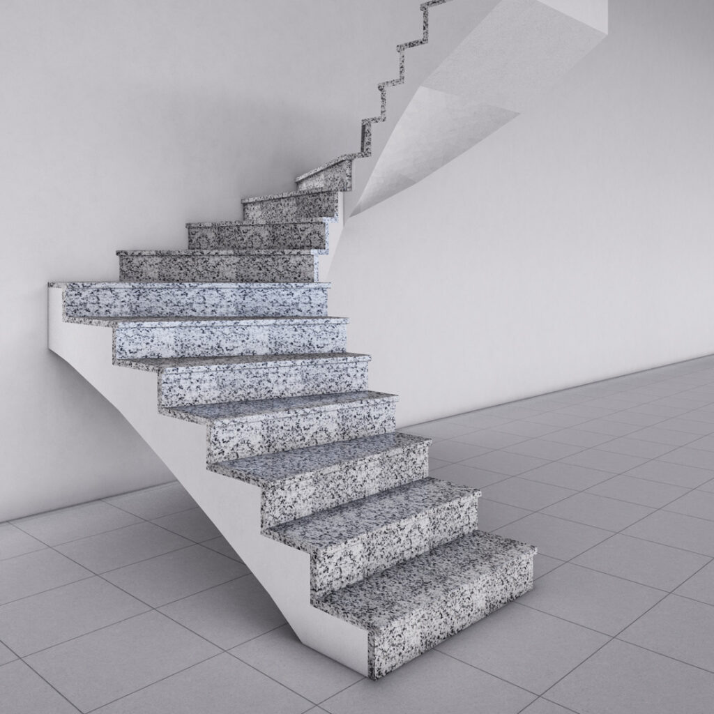 Graue, moderne Wendeltreppe mit schwebender Optik, gefliestes Umfeld.