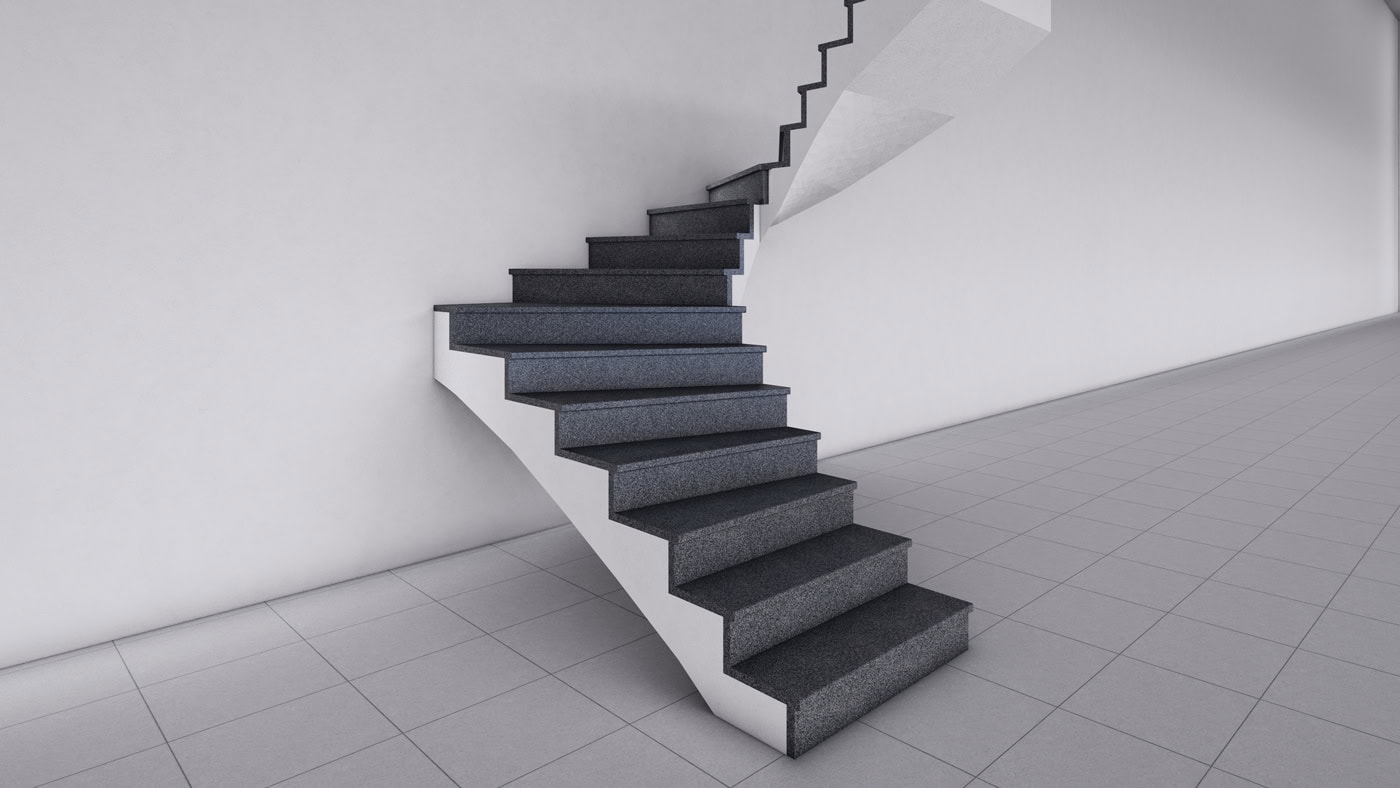 Graue, moderne Treppe mit schwebendem Design in minimalistischem, weißem Raum.