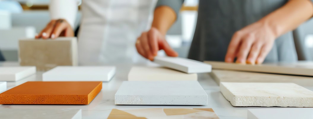 Menschen arbeiten zusammen, um etwas zu schaffen. Verschiedene Fachleute untersuchen Materialproben, Fliesen, Farbmuster, die auf einem Tisch in einem leeren Büro ausgelegt sind, während ein Architekt sie anleitet.