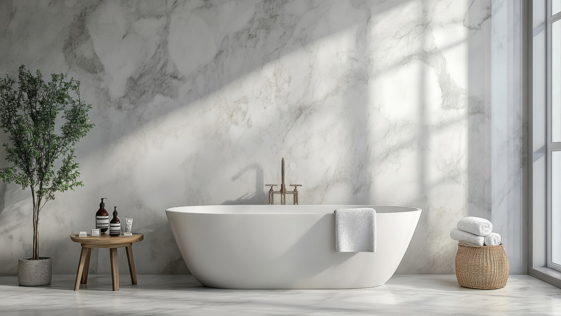 Badezimmer Interieur mit Marmorplatten Badewanne Handtücher und Accessoires zeitgenössischen Stil Design